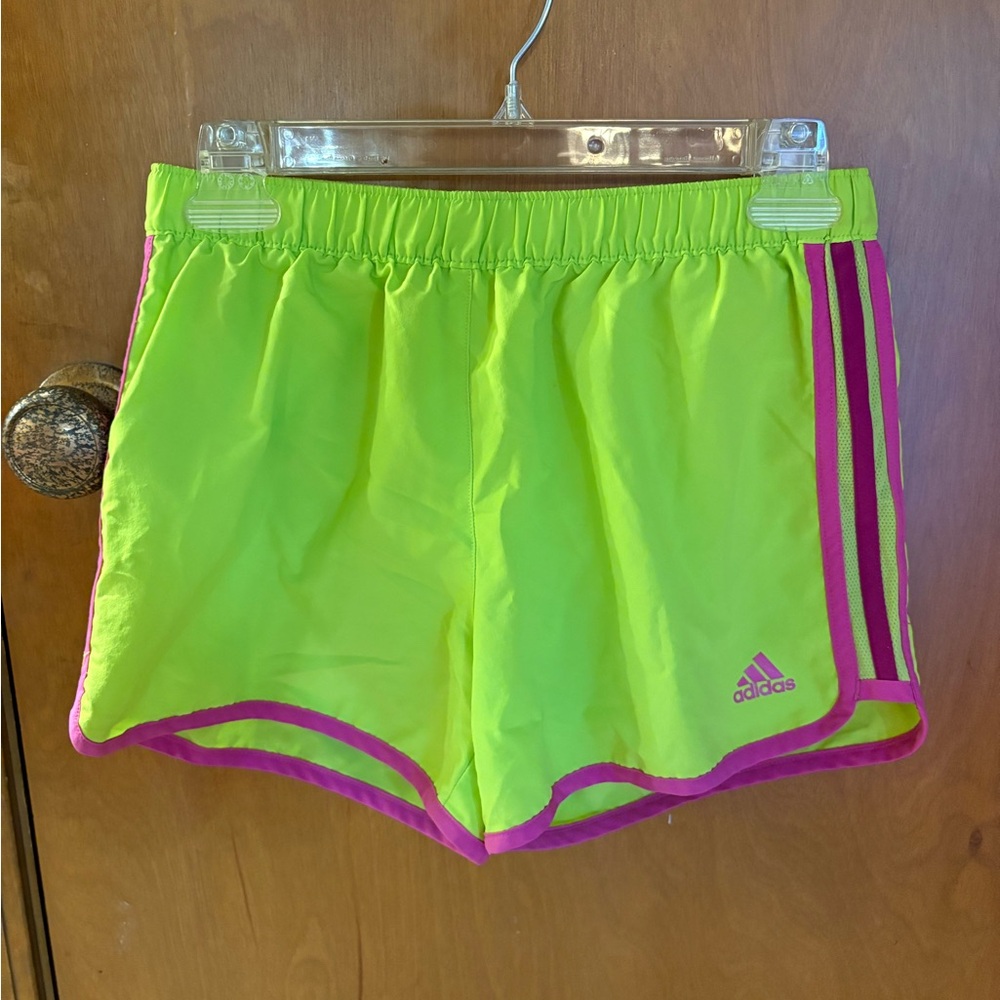 Adidas Women's Lime Green Athletic Shorts with Magenta Trim